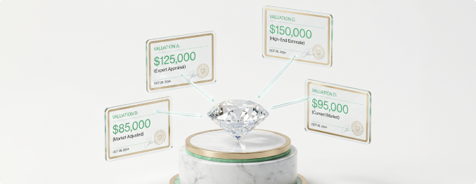 Diamond on a stand surrounded by floating sum insured tags